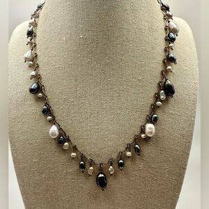 Sterling Silver 925 Freshwater Pearl Gray White Fringe Choker Hand Knotted NBI